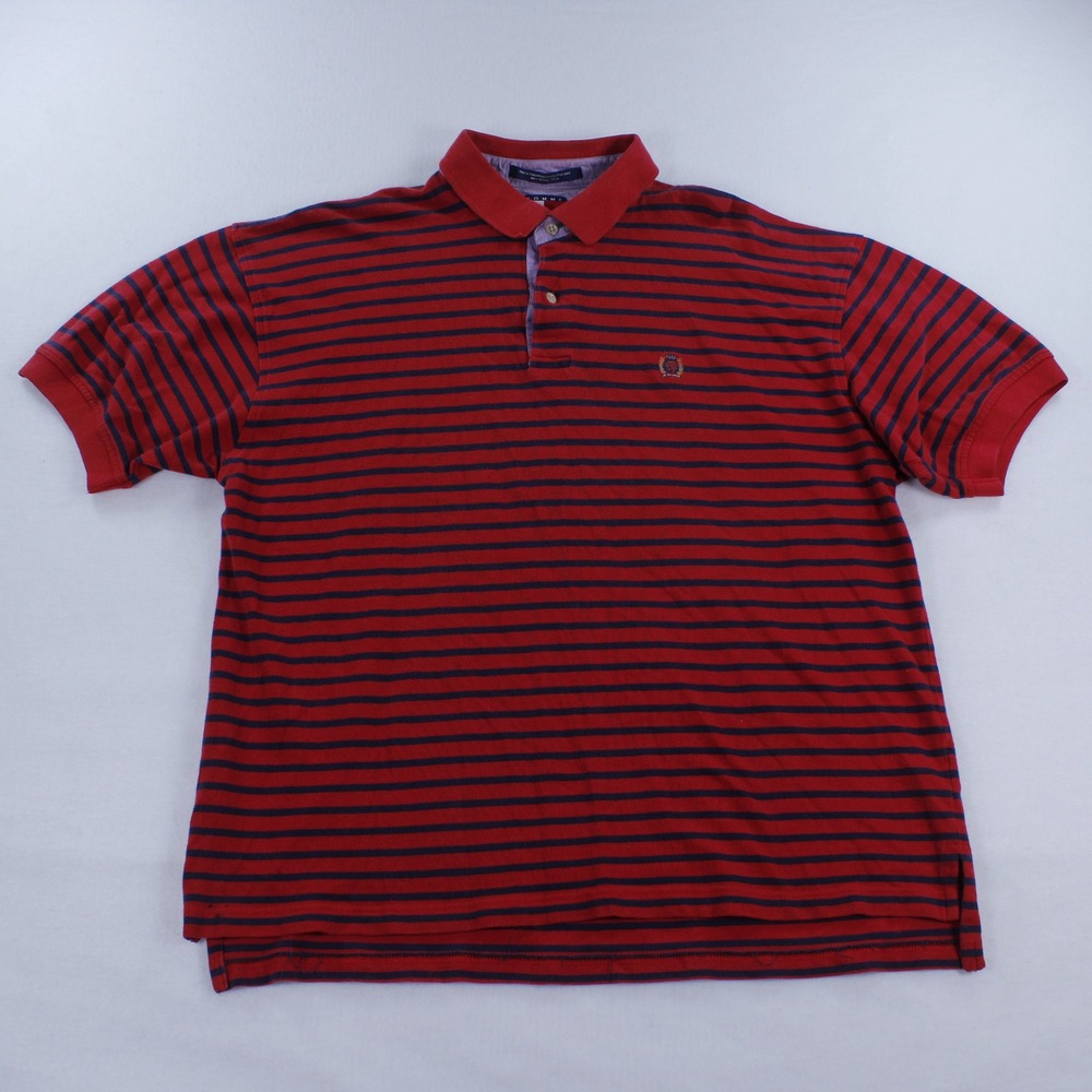 Vintage Tommy Hilfiger Men's Polo Shirt XL Red Navy Blue Striped Cotton SS